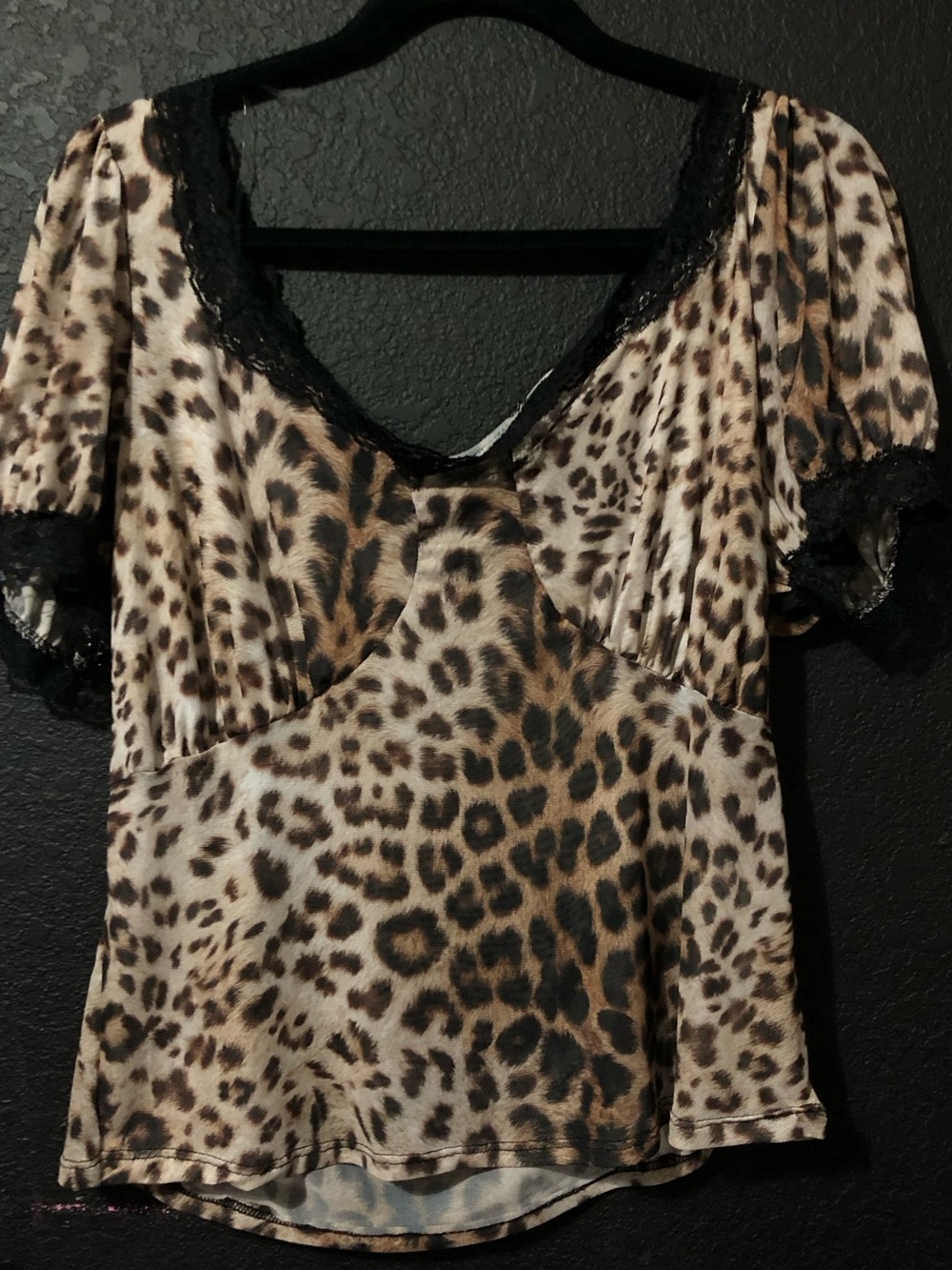 Leopard Mesh Blouse with Lace Trim